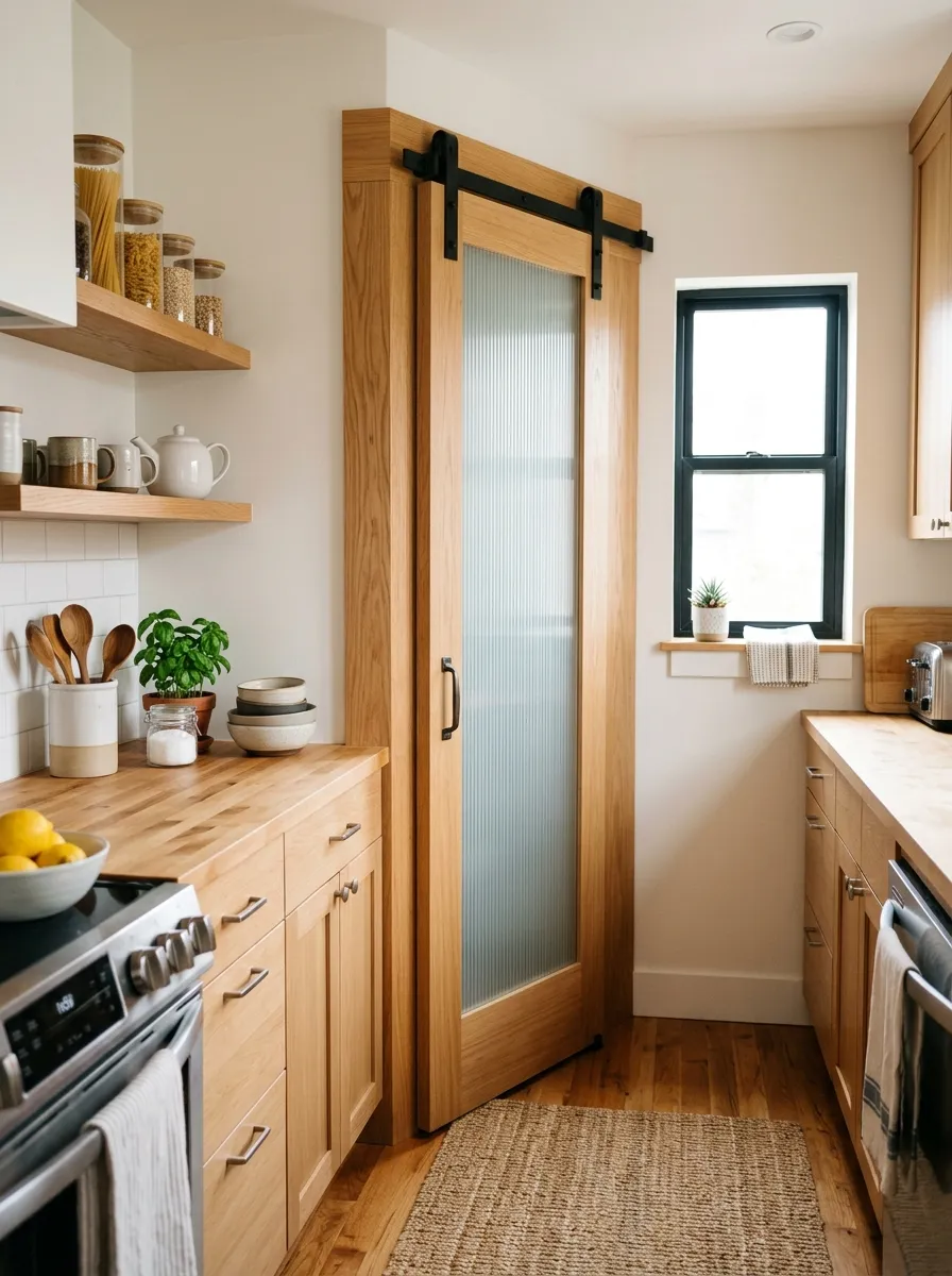 Prompt: A real-life kitchen pantry with a sliding shoji-inspired door featuring a light oak wood frame and ribbed frosted glass panel, neatly made kitchen surroundings, clean and organized, bright natural light diffusing softly through the glass, warm vibrant wood tones, candid interior photography, no people.