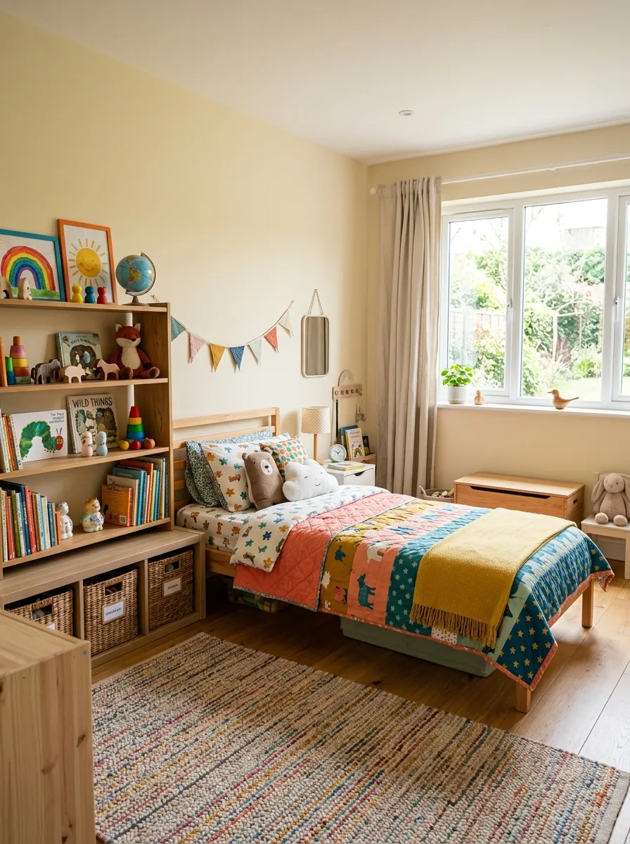 Image prompt: A real-life photograph of a bright children's bedroom with buttercream ivory walls, a neatly made bed with colorful patterned bedding, a soft area rug, beautifully arranged shelf with toys and artwork, organized and clean space, bright natural light through a window, warm vibrant accent colors, realistic stock-photo style, no illustration or 3D render.