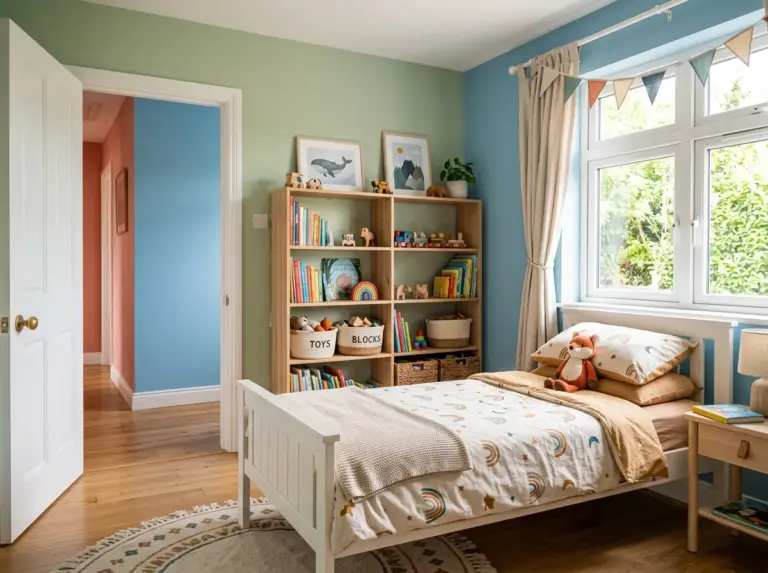 A real-life photograph of a bright, beautifully arranged children's bedroom, neatly made bed with soft colorful linen, wooden furniture, organized toy shelves, a mix of vibrant yet soft wall colors visible through an open doorway, clean and clutter-free space, bright natural light flooding through a large window, Pinterest-style home decor photography, realistic stock-photo style, no illustration or 3D render.