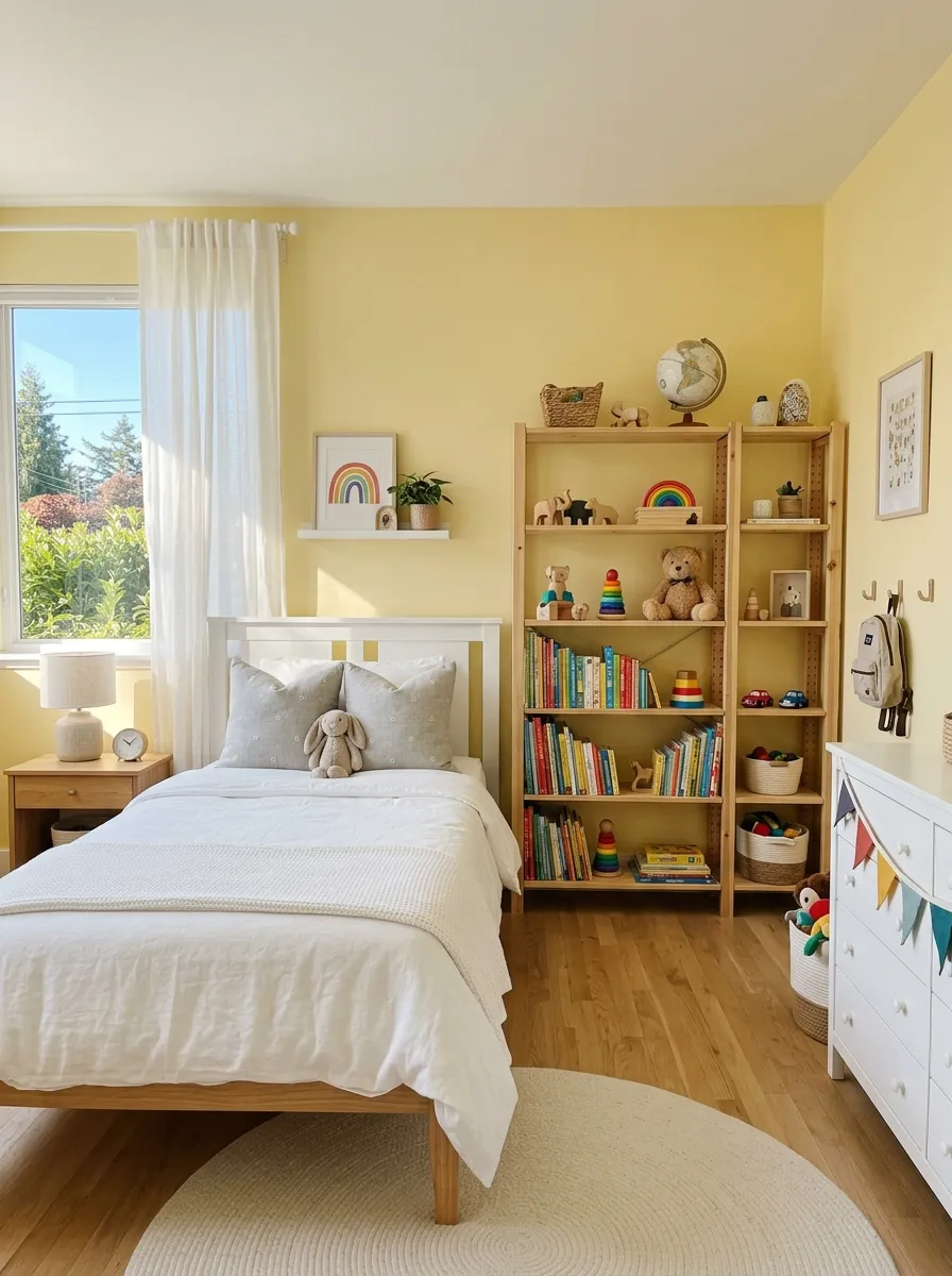 Image prompt: A real-life photograph of a sunny children's bedroom painted in soft butter yellow, a neatly made bed with white linen, light gray accent pillows, beautifully arranged wooden shelves with toys and books, organized and clean space, bright natural light pouring through sheer curtains, vibrant cheerful tones, realistic stock-photo style, no illustration or 3D render.