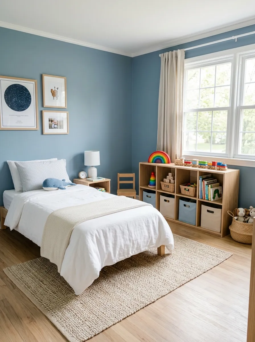 Image prompt: A real-life photograph of a calm children's bedroom with dusty blue walls, a neatly made bed with crisp white linen, a natural fiber area rug, beautifully arranged wooden toy shelf, organized and clean space, bright natural light coming through a window, soft vibrant blue tones, realistic stock-photo style, no illustration or 3D render.