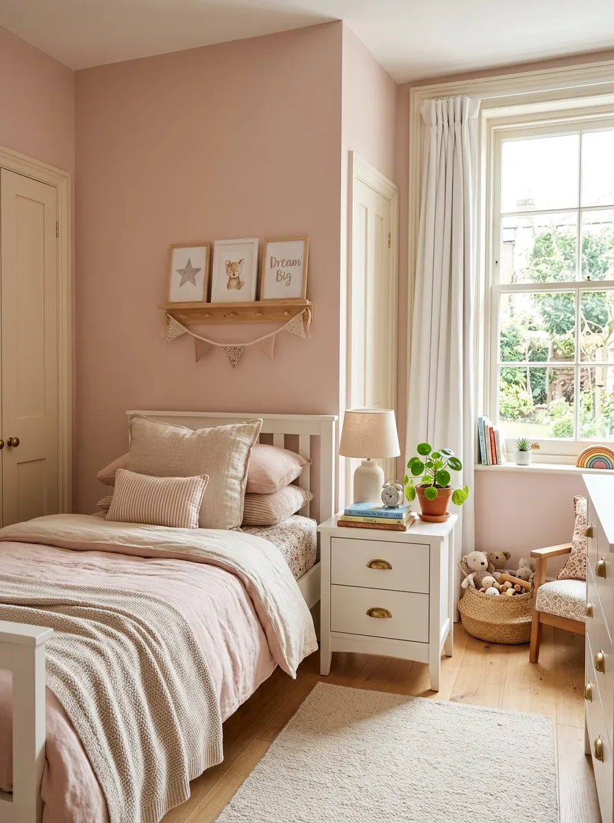 Image prompt: A real-life photograph of a bright children's bedroom with blush pink walls and creamy white trim, a neatly made bed with soft linen bedding, brass drawer handles, beautifully arranged nightstand with books and a small plant, organized and clean room, bright natural light through a window, vibrant soft pink tones, realistic stock-photo style, no illustration or 3D render.