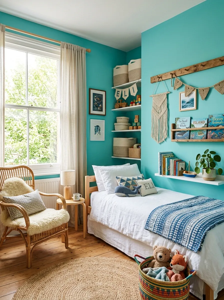 Image prompt: A real-life photograph of a vibrant children's bedroom with aqua teal walls, a neatly made bed with white linen, a rattan chair in the corner, beautifully arranged rope-textured decor and shelving, organized and clean space, bright natural light streaming through a window, vivid teal tones, realistic stock-photo style, no illustration or 3D render.