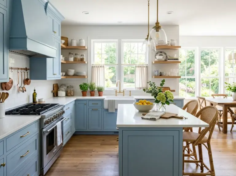 A wide real-life photograph of a full kitchen with light blue kitchen cabinets, white countertops, neatly made surfaces, beautifully arranged decor, organized open shelving, clean modern-farmhouse styling, bright natural light flooding through large windows, vibrant fresh color palette, stock photography style, no illustration, no 3D render, Pinterest-ready aesthetic.