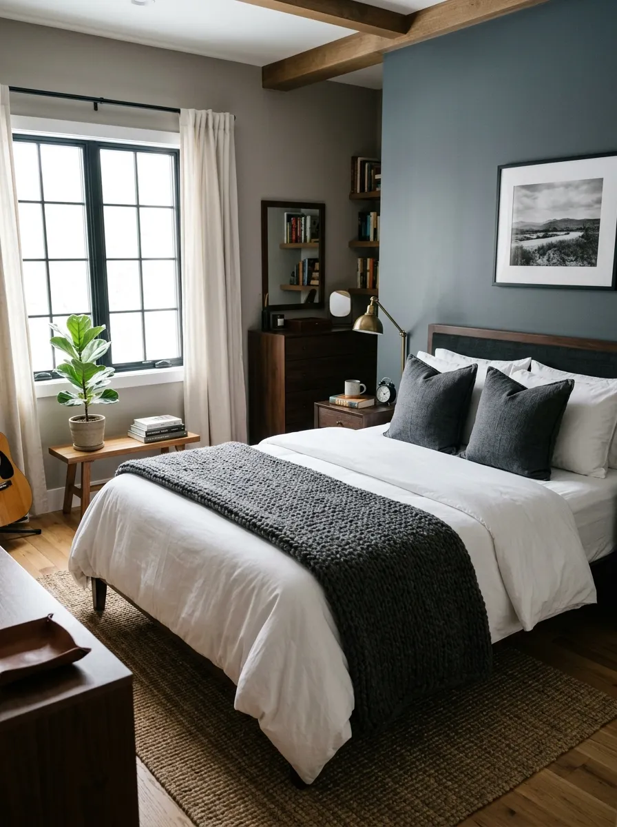 Prompt: A real-life photo of a masculine bedroom with a neatly made bed featuring crisp white bedding layered with a charcoal grey knit throw and two structured pillows. Bright natural light streams through a nearby window, the room is clean, organized, and beautifully arranged, shot in a realistic lifestyle photography style, not 3D render.