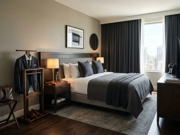 A real-life photo of a masculine bedroom styled like a five-star hotel suite, featuring a neatly made bed with white and charcoal layered bedding, a wooden valet stand, warm bedside lighting, and blackout curtains. The room is clean, organized, and beautifully arranged with bright natural light, vibrant yet neutral tones, realistic lifestyle photography, not a 3D render.
