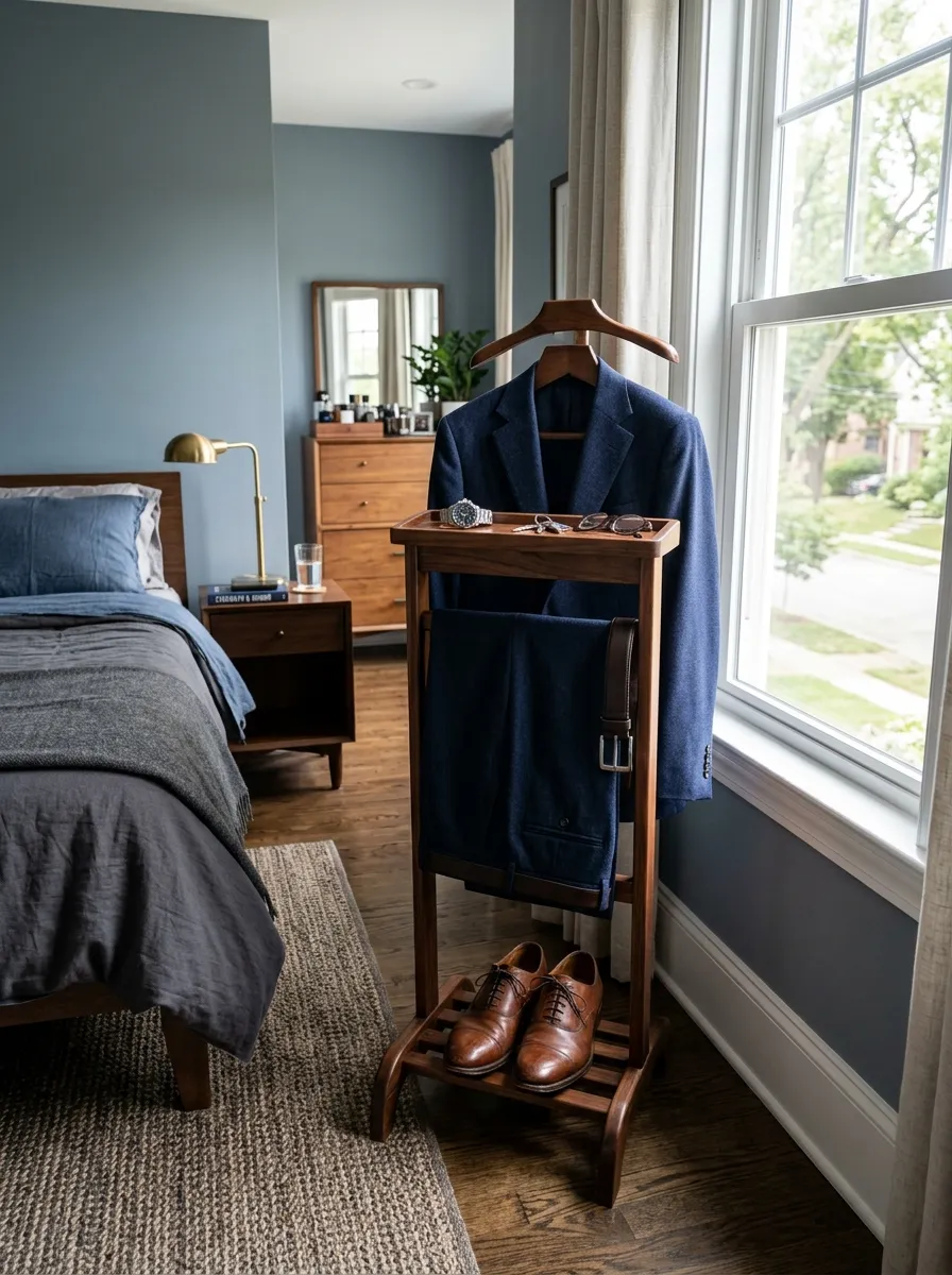 Prompt: A real-life photo of a wooden valet stand in a masculine bedroom, neatly holding a folded navy blazer and trousers, placed near a window with bright natural light. The room is clean, organized, and beautifully arranged, realistic lifestyle photography, not illustration.