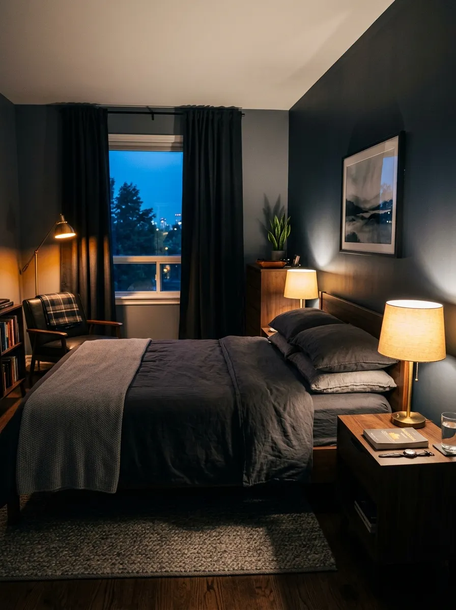 Prompt: A real-life photo of a masculine bedroom at dusk with blackout curtains half drawn, a warm bedside lamp glowing softly, and a dimmable floor lamp in the corner. The space feels clean, organized, and beautifully arranged, cozy warm lighting, realistic lifestyle photography, not a render.
