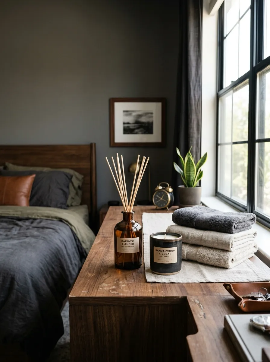Prompt: A real-life photo of a stylish reed diffuser and a candle placed on a wooden dresser in a masculine bedroom, beautifully arranged next to folded neutral-toned towels. Bright natural light, clean and organized setup, realistic lifestyle photography, not illustration.