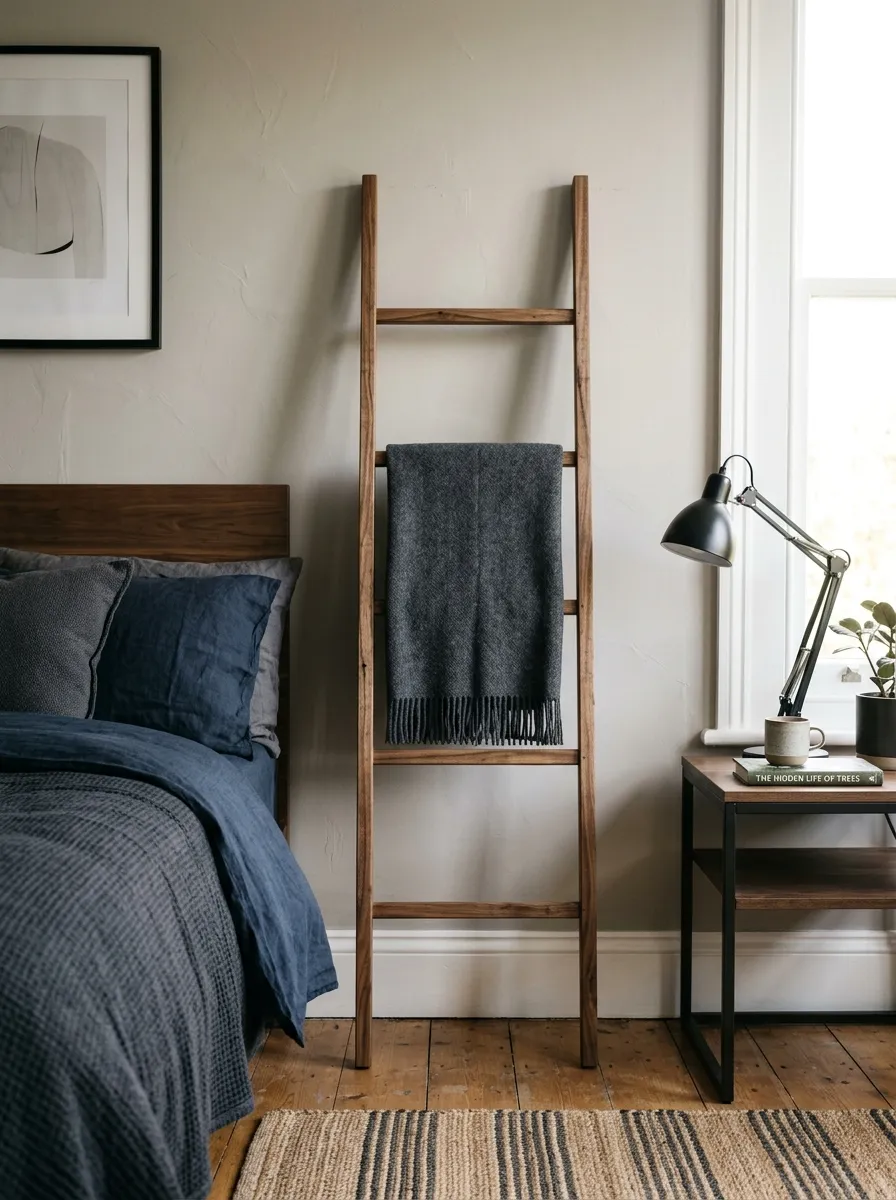 Prompt: A real-life photo of a slim wooden blanket ladder leaning against a bedroom wall, neatly draped with one folded charcoal wool throw. Bright natural light, clean, organized, and beautifully arranged masculine bedroom setting, realistic lifestyle photography, not illustration.