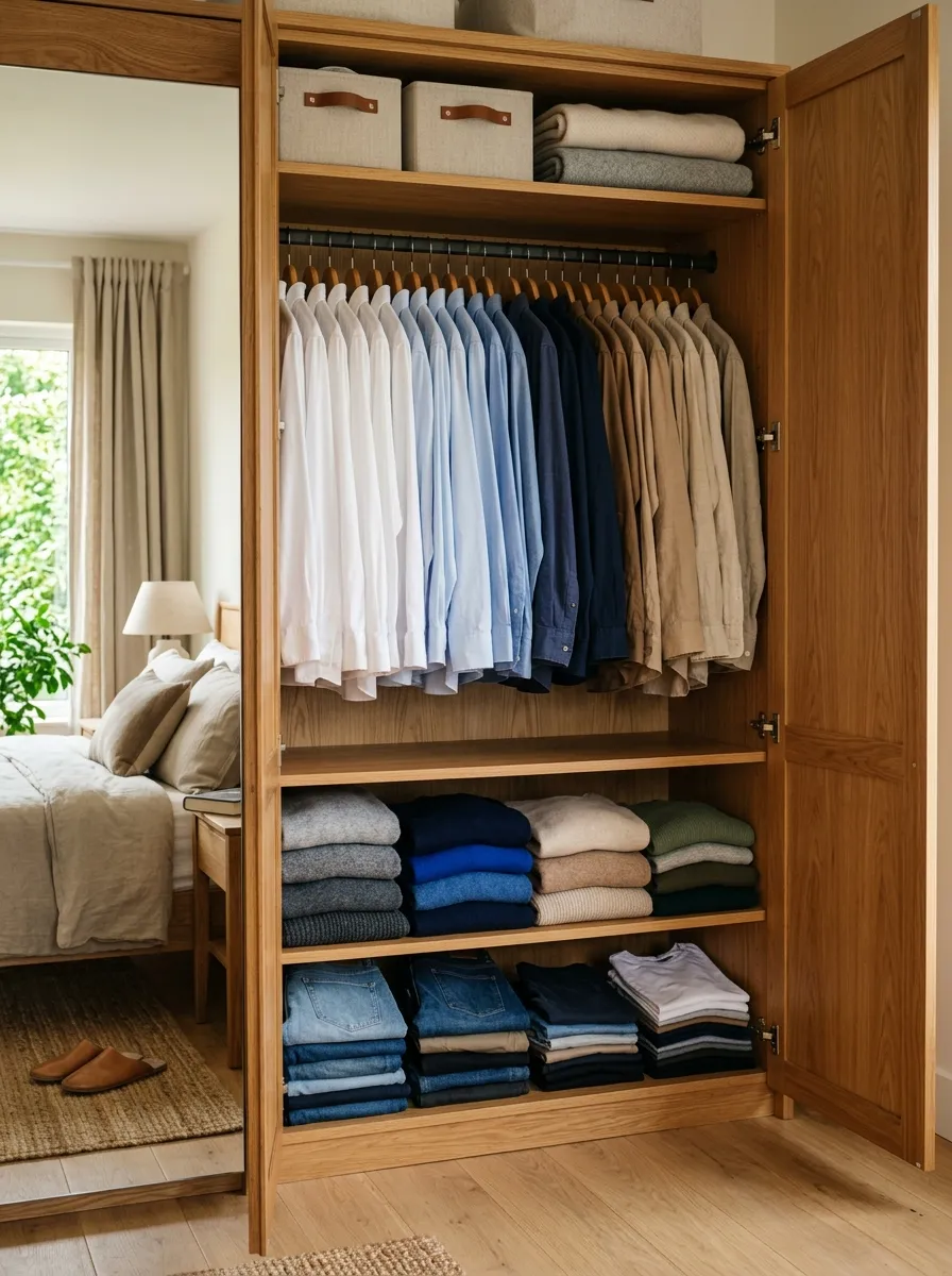Prompt: A real-life photo of an open bedroom wardrobe with matching wooden hangers holding neatly pressed shirts, and folded sweaters stacked by color on a shelf. Bright natural light, clean, organized, and beautifully arranged, realistic lifestyle photography, not illustration.