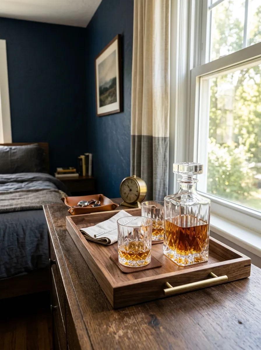 Prompt: A real-life photo of a wooden dresser tray in a masculine bedroom holding one glass decanter and two matching whiskey glasses, placed near a window. Bright natural light, clean, organized, and beautifully arranged, vibrant warm tones, realistic lifestyle photography, not a render.