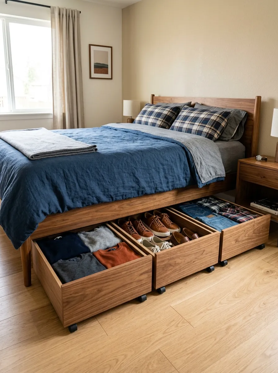 Real-life photography of a men's bedroom bed with matching wood-front rolling storage bins tucked neatly underneath, visible edge showing organized shoes and folded clothes, bright natural light, clean tidy bedroom floor, vibrant warm tones, stock photo style, no 3D render, no illustration