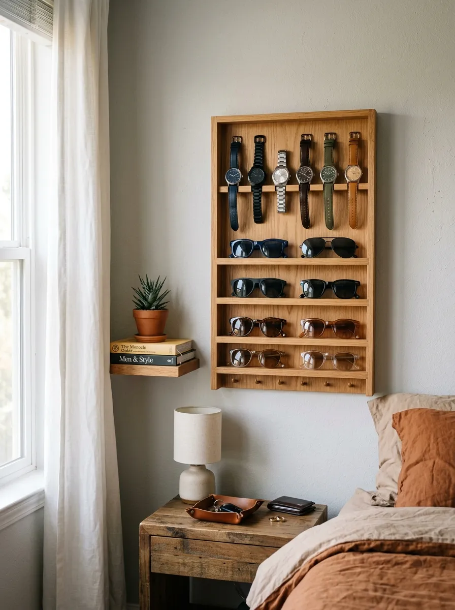 Real-life photography of a wall-mounted wooden watch and sunglasses display in a men's bedroom, neatly organized accessories arranged by color, bright natural light, clean minimalist wall styling, vibrant warm tones, stock photo style, no 3D render, no illustration