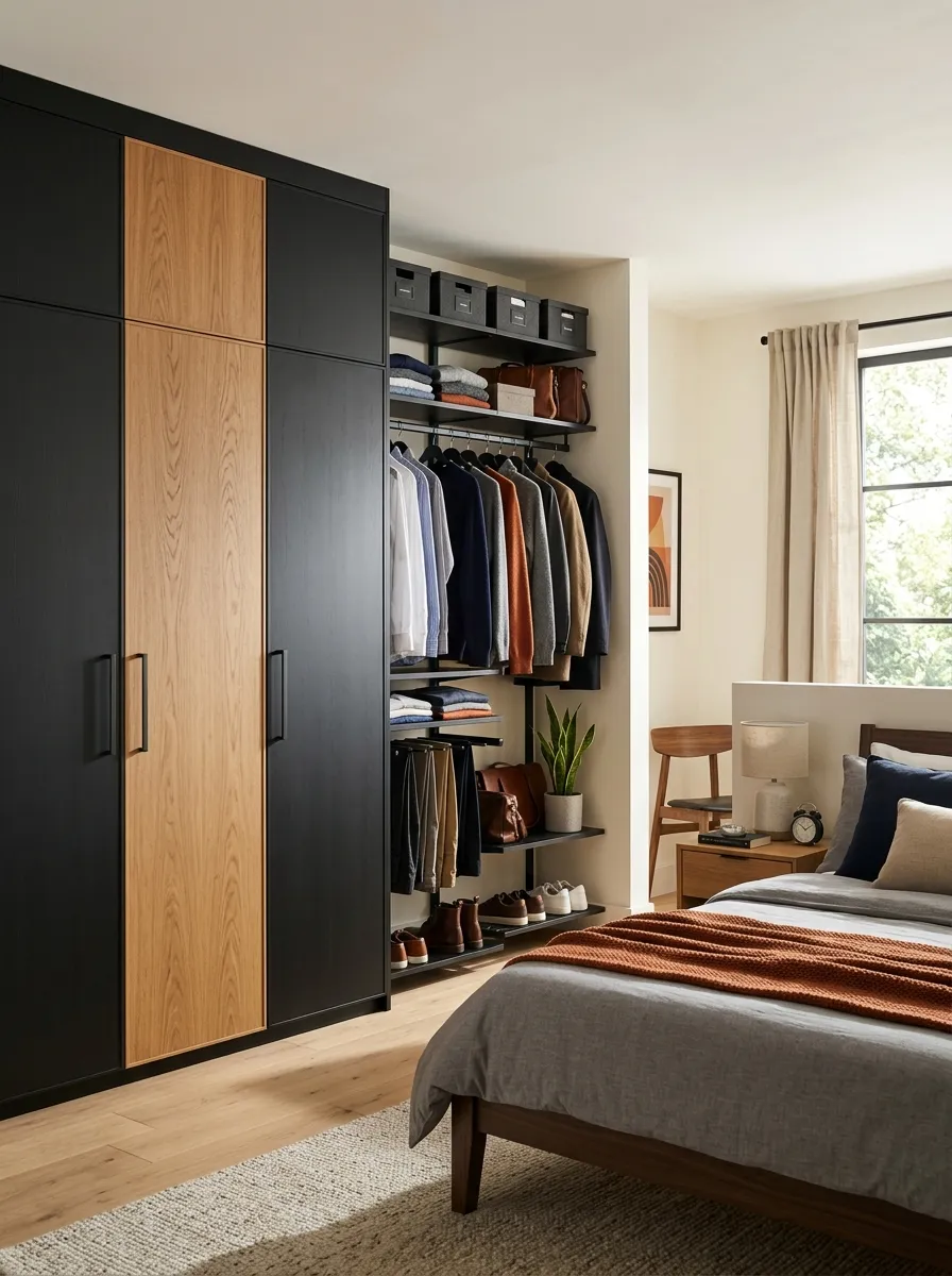 Real-life photography of a men's bedroom with two-tone matte black and wood inlay wardrobe doors, neatly organized closet area, bright natural light, clean modern bedroom styling, vibrant warm tones, stock photo style, no 3D render, no illustration