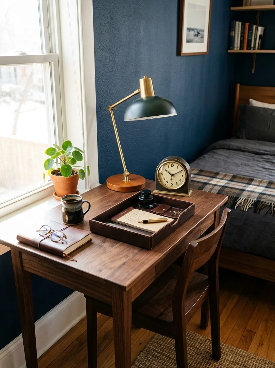 Real-life photography of a small corner desk in a men's bedroom, neatly arranged leather organizer tray, analog clock, warm desk lamp, bright natural light, clean organized workspace styling, vibrant tones, stock photo style, no 3D render, no illustration