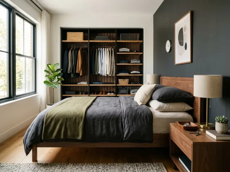 Real-life photography of a stylish modern men's bedroom, neatly made platform bed with charcoal linens, dark accent wall, minimalist wooden nightstand with organized watch tray and lamp, open wardrobe with slatted wood shelving in the background, bright natural light streaming through a window, clean organized and Pinterest-ready space, vibrant warm color palette, stock photo style, no 3D render, no illustration