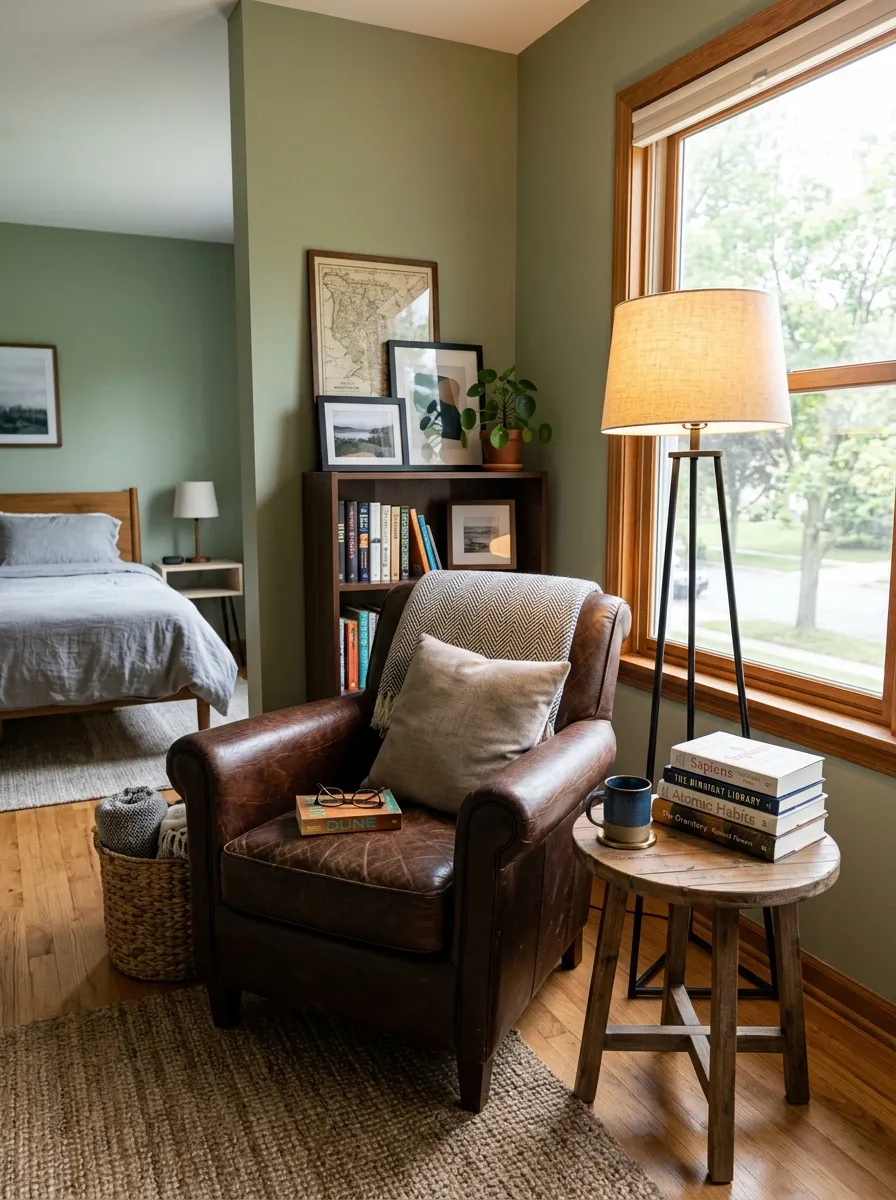 Real-life photography of a cozy leather armchair reading corner in a men's bedroom, small wooden side table with stacked books, warm-toned floor lamp, bright natural light from a nearby window, neatly arranged and organized space, clean minimalist decor, vibrant inviting tones, stock photo style, no 3D render, no illustration