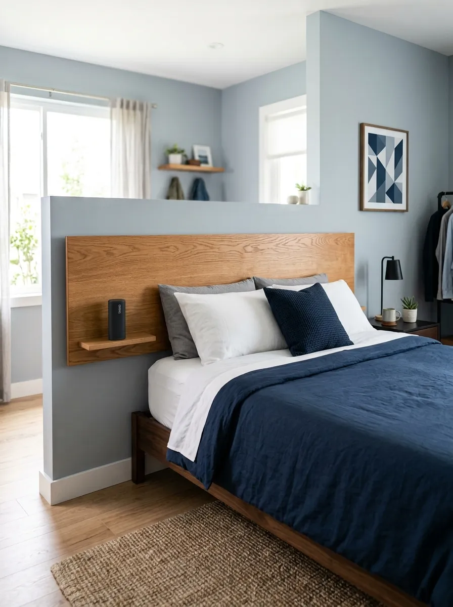 Real-life photography of a floating wood headboard in a men's bedroom, neatly made bed below, hidden cable management space behind the panel, small speaker and charger tucked away, bright natural light, clean organized bedroom, vibrant modern tones, stock photo style, no 3D render, no illustration