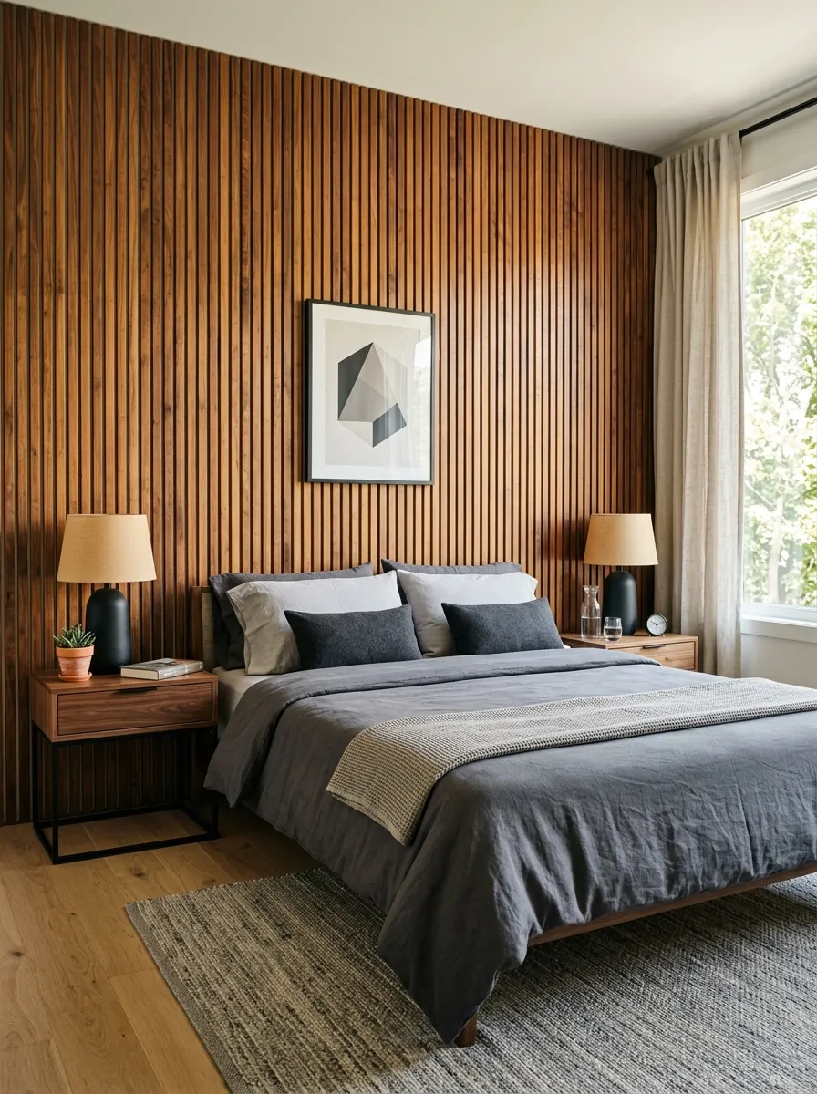 Prompt: A real-life photograph of a vertical wood slat accent wall behind a neatly made bed in a men's minimalist bedroom, warm walnut tones, simple grey bedding, organized, clean, beautifully arranged nightstands on either side, bright natural light hitting the wood texture, vibrant warm tones, realistic interior photography, no people, Pinterest home design inspiration.