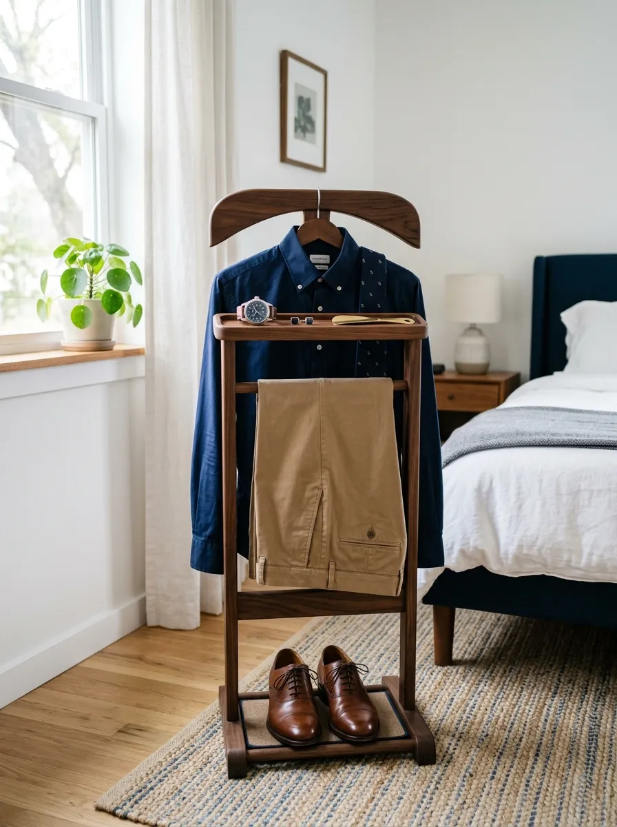 Prompt: A real-life photograph of a wooden valet stand in a men's bedroom corner, one neatly hung outfit including a shirt and folded trousers, a watch resting on the top tray, organized, clean, beautifully arranged, bright natural light, vibrant navy and tan tones, realistic stock photography, no people, Pinterest menswear organization shot.