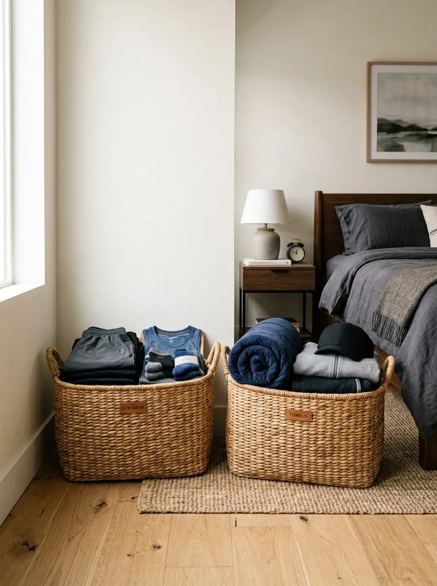 Prompt: A real-life photograph of two large woven storage baskets in the corner of a men's bedroom, neatly holding folded gym clothes and a rolled towel, organized, clean, beautifully arranged, bright natural light, vibrant natural rattan tones against a neutral wall, realistic stock photography, no people, Pinterest storage solution image.