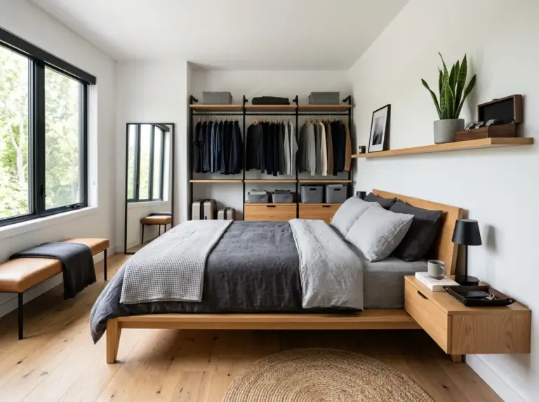 A real-life photograph of a complete minimalist bedroom for men, low platform bed with neatly made charcoal and grey bedding, floating wooden nightstand, open wardrobe with matching hangers in the background, one floating shelf with a small plant and a watch box, organized, clean, beautifully arranged, bright natural light pouring through a large window, vibrant warm wood tones mixed with cool grey accents, realistic stock photography, wide angle room shot, no people, Pinterest cover image style.