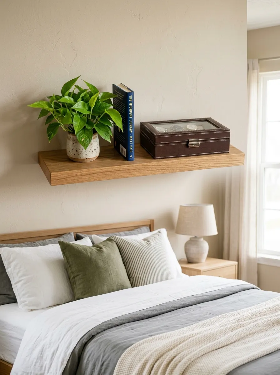 Prompt: A real-life photograph of a single wooden floating shelf on a bedroom wall holding a leather watch box, one hardcover book, and a small potted plant, neatly made bed visible below, beautifully arranged, organized, clean, bright natural light, vibrant green plant against a warm neutral wall, realistic home photography, no people, Pinterest-style.