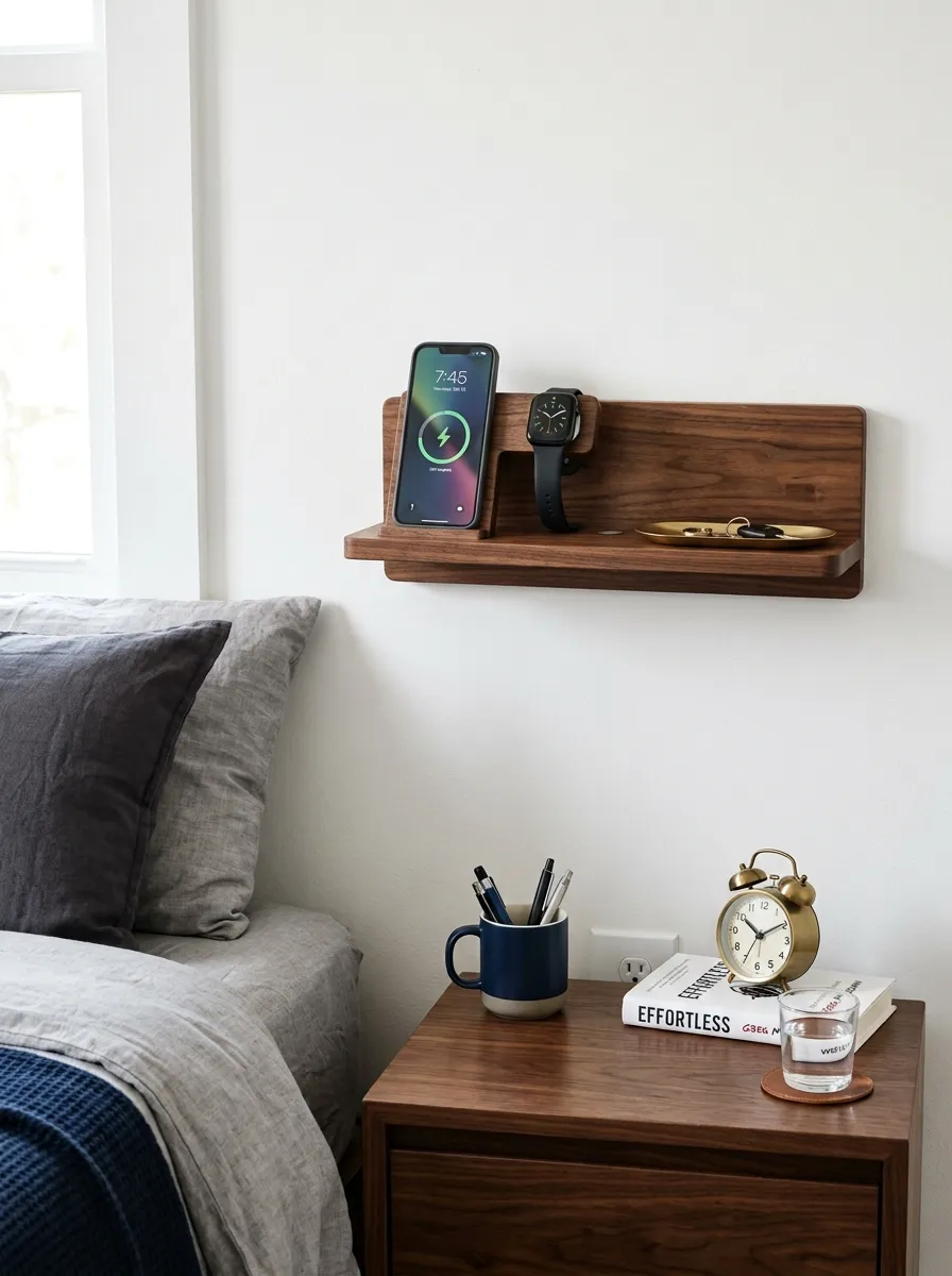 Prompt: A real-life photograph of a small wall-mounted charging shelf above a nightstand in a men's bedroom, a phone and smartwatch neatly placed with cables tucked away, organized, clean, beautifully arranged, bright natural light, vibrant walnut wood tones against a white wall, realistic stock photo style, no people, Pinterest home tech organization.