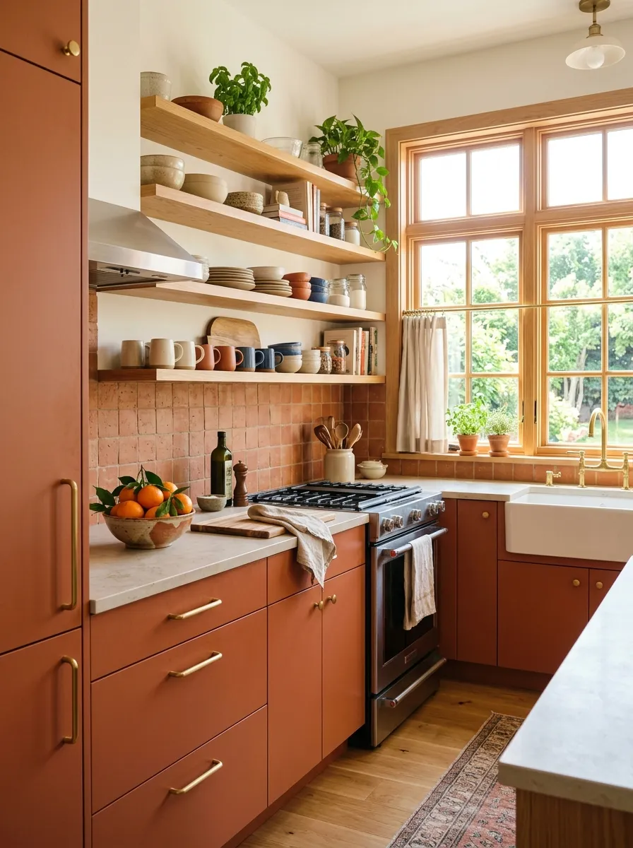 Image prompt: A bright, sunlit modern kitchen with terracotta-colored cabinets and a matching clay backsplash, brass hardware, light wood open shelving neatly arranged with ceramic dishes, bright natural light streaming through a large window, beautifully arranged countertop styling with a bowl of fresh oranges, clean and organized, candid real-life lifestyle photography, DSLR quality, vibrant warm tones, shot on a sunny morning.