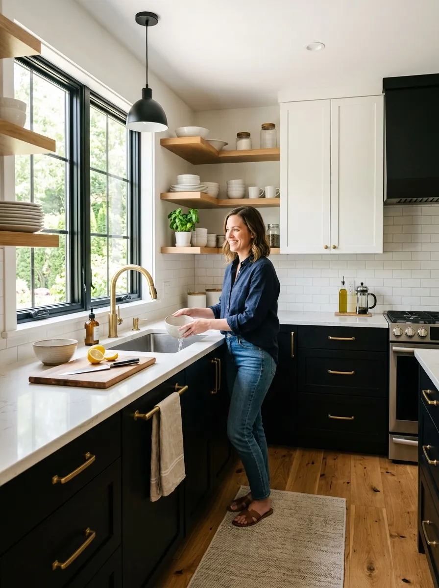 Image prompt: A real-life modern kitchen with black lower cabinets and white upper cabinets, warm wood flooring, brass faucet and hardware neatly arranged, open shelving beautifully arranged with white ceramics, bright natural light from a large window, clean organized countertop styling, candid lifestyle photography, vibrant contrast tones, shot in daylight.