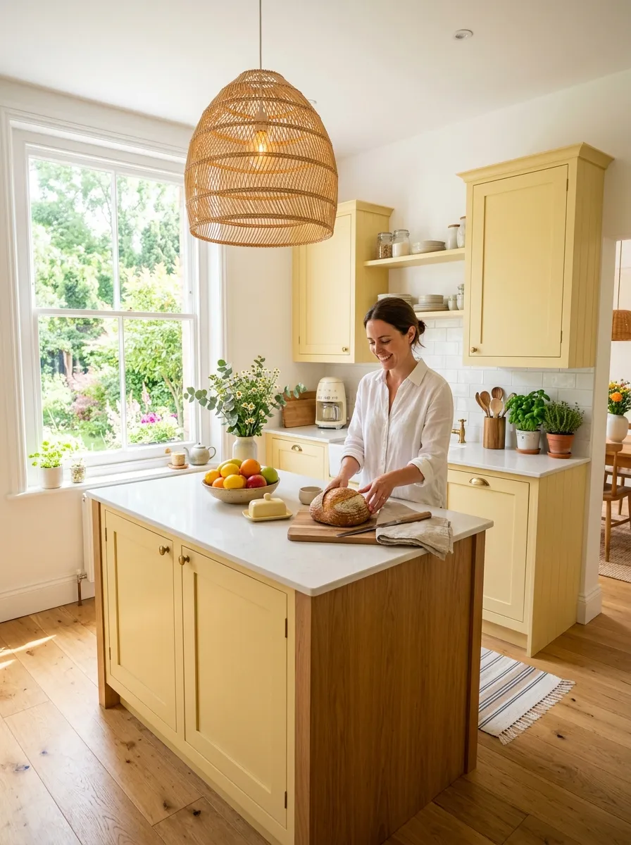 Image prompt: A real-life modern kitchen with soft buttermilk yellow cabinets, white countertops neatly arranged with fresh bread and fruit, natural wood flooring, woven pendant light beautifully arranged above an island, bright natural light through a window, clean organized space, candid lifestyle photography, vibrant cheerful yellow tones, shot in morning daylight.