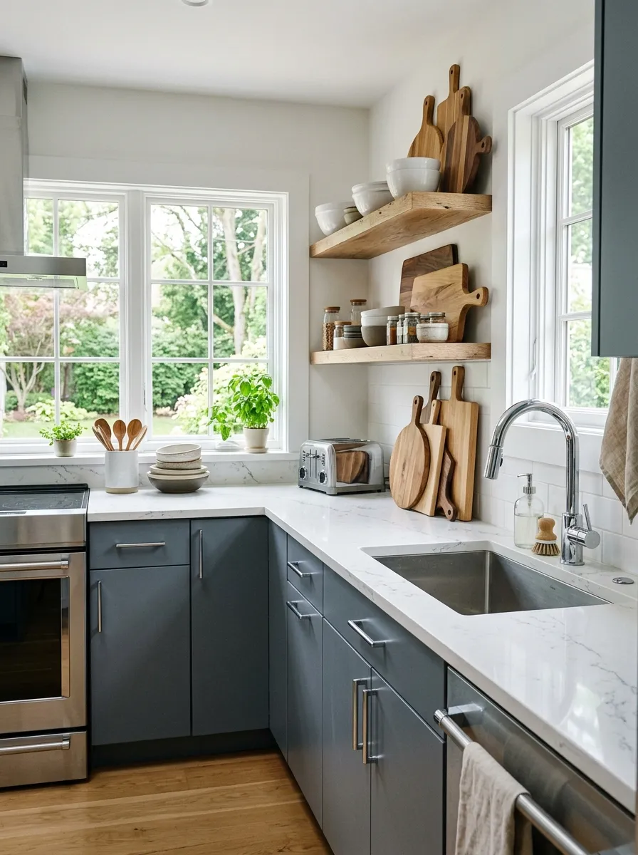 Image prompt: A real-life modern kitchen with cool slate gray cabinets, chrome faucet and hardware neatly arranged, white quartz countertop, wood cutting boards beautifully arranged on open shelving, bright natural light through a large window, clean organized minimalist space, candid lifestyle photography, vibrant cool gray tones, shot in daylight.