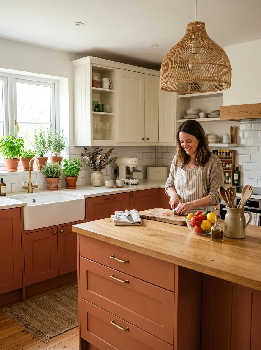 Image prompt: A real-life modern kitchen with terracotta lower cabinets and cream upper cabinets, rattan pendant light, wood island top neatly arranged with a cutting board, potted herbs beautifully arranged on a windowsill, bright natural light streaming in, clean organized countertop, candid lifestyle photography, vibrant warm earthy tones, shot in daylight.