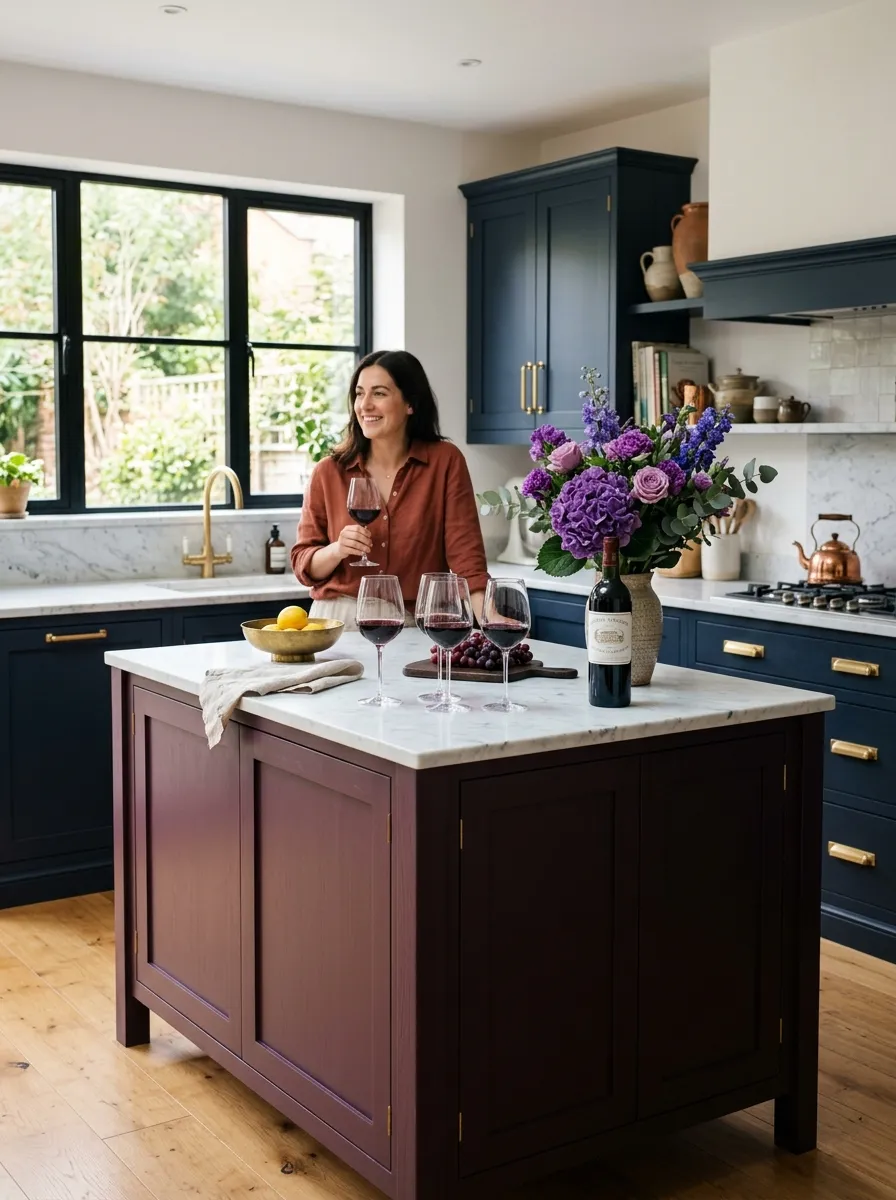 Image prompt: A real-life modern kitchen with a deep plum aubergine island, white marble countertop neatly arranged with wine glasses, gold hardware beautifully arranged on cabinets, bright natural light from a window, clean organized space with fresh flowers, candid lifestyle photography, vibrant rich purple tones, shot in soft daylight.