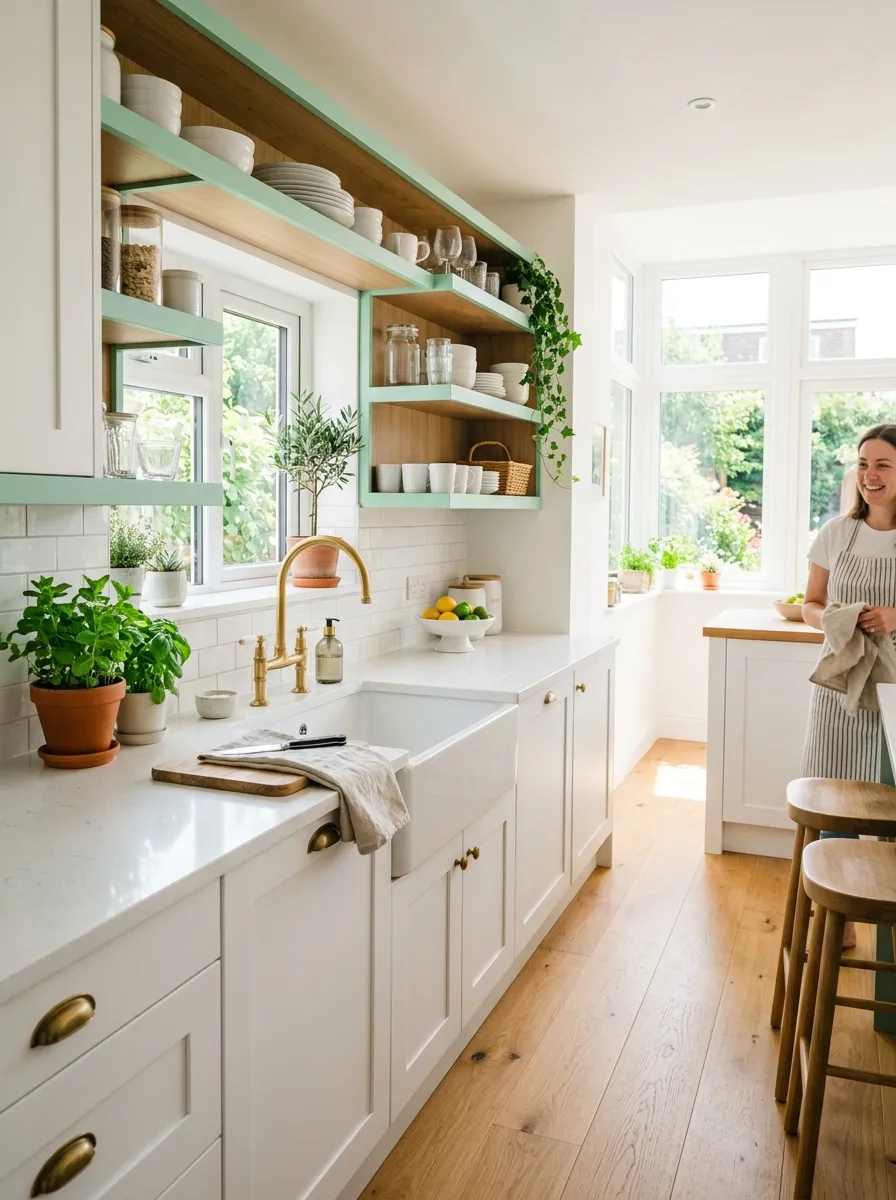 Image prompt: A real-life modern kitchen with mint green open shelving trim, white cabinets neatly arranged, light oak flooring, gold faucet beautifully arranged, bright natural light through a window, clean organized countertop with green plants and white ceramics, candid lifestyle photography, vibrant fresh mint tones, shot in natural daylight.