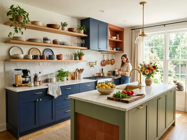 A real-life modern kitchen interior featuring a mix of warm terracotta, sage green, and navy blue accents across cabinetry and an island, neatly made and beautifully arranged open shelving with ceramic dishes and greenery, brass hardware, bright natural light streaming through a large window, clean and organized countertops styled with fresh fruit and flowers, candid lifestyle photography, vibrant color palette, Pinterest-style home design photography, shot with a DSLR on a sunny morning.