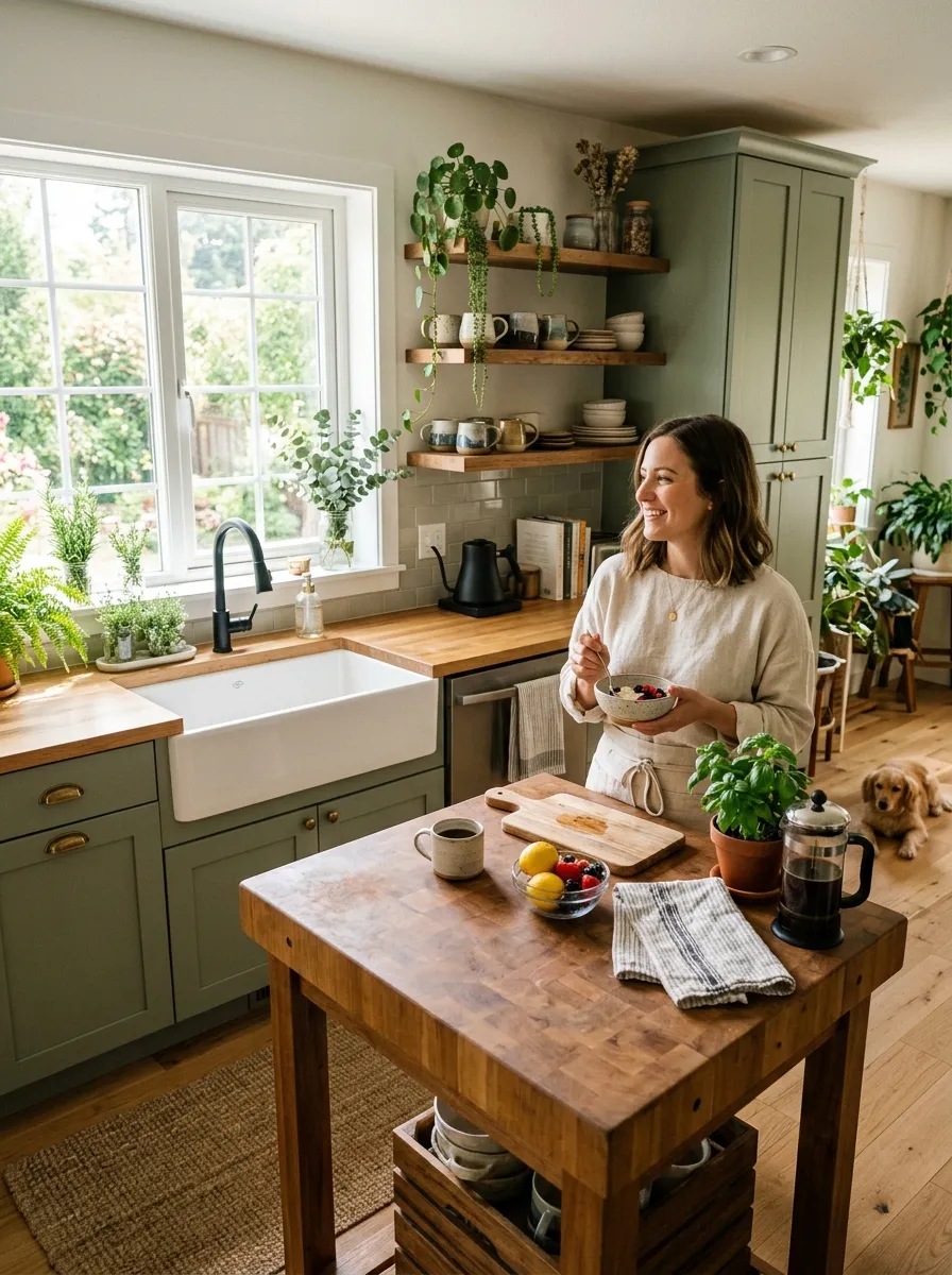 Image prompt: A cozy real-life kitchen with sage green cabinetry, a butcher block wood island neatly organized, matte black faucet, open shelves beautifully arranged with green plants and ceramic mugs, bright natural light from a window above the sink, clean countertops, candid lifestyle photography, vibrant fresh greenery, shot in soft morning light, Pinterest-style home photography.