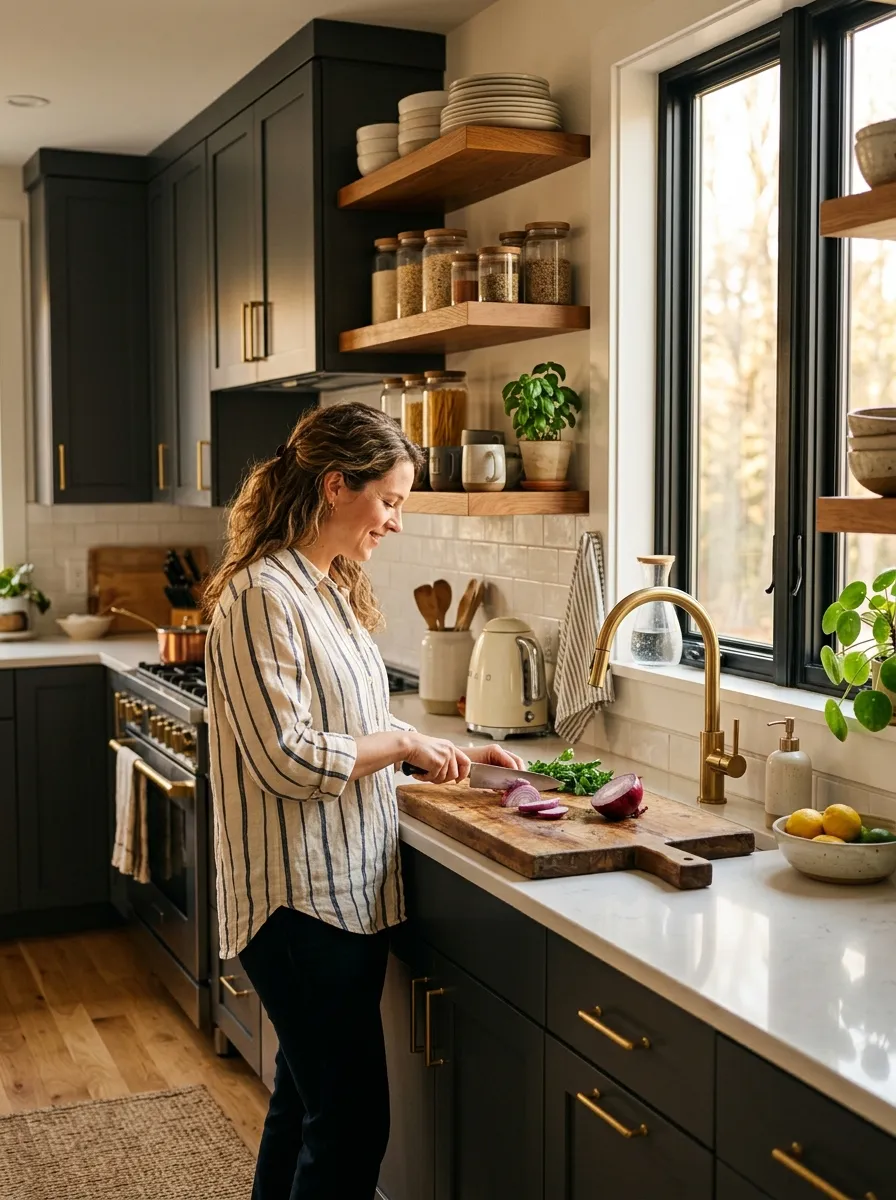Image prompt: A real-life modern kitchen with charcoal gray cabinetry, warm wood open shelving neatly arranged with plates and glass jars, brass faucet and cabinet handles, bright natural light pouring in from a nearby window, clean organized countertops with a wooden cutting board, candid lifestyle photography, warm inviting tones with vibrant accents, shot during golden hour.