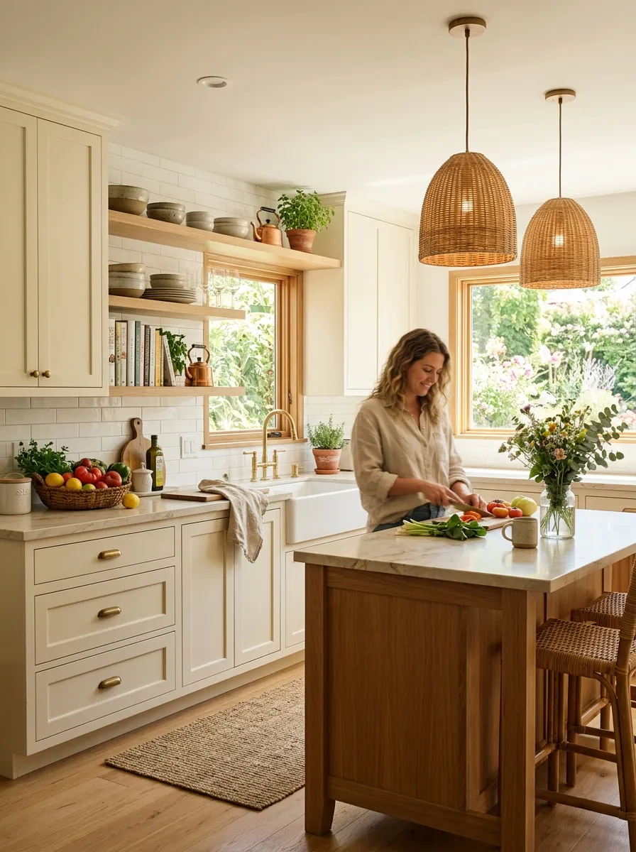 Image prompt: A bright, airy real-life kitchen with buttery warm white cabinetry, natural stone countertops neatly arranged with fresh produce, woven rattan pendant lights, open shelving beautifully arranged with ceramic bowls and cookbooks, bright natural light flooding through large windows, clean organized space, candid lifestyle photography, soft warm vibrant tones, shot in daylight.