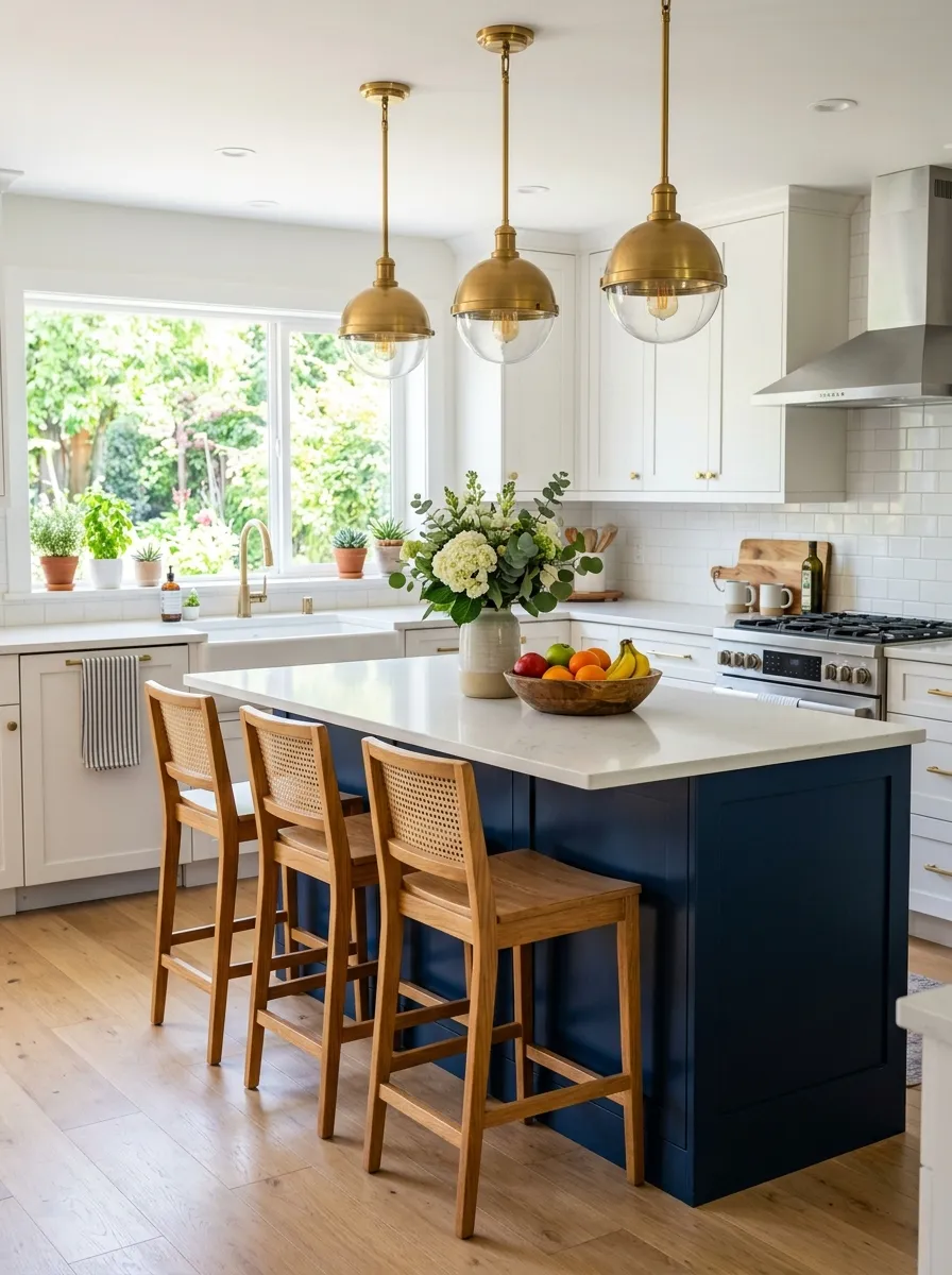 Image prompt: A real-life modern kitchen with a deep navy blue island, white surrounding cabinets, warm wood barstools neatly arranged, brass pendant lights above the island, bright natural light from a window, beautifully arranged countertop with fresh flowers and a bowl of fruit, clean organized space, candid lifestyle photography, vibrant navy color pop, shot in natural daylight.