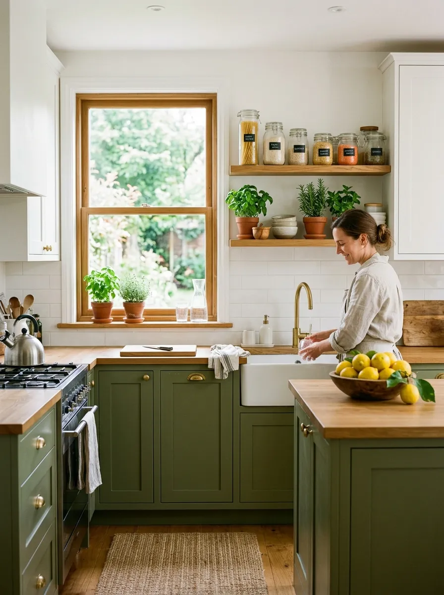 Image prompt: A real-life modern kitchen with muted olive green lower cabinets and white upper cabinets, unlacquered brass hardware neatly arranged, open shelf beautifully arranged with glass jars and herbs, bright natural light through a kitchen window, clean organized countertop with a wooden bowl of lemons, candid lifestyle photography, vibrant fresh tones, shot in natural daylight.