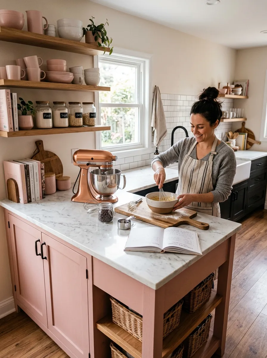 Image prompt: A real-life modern kitchen with a dusty blush pink island, black cabinet hardware, marble-look countertop neatly arranged with baking tools, open shelving beautifully arranged with pink and white ceramics, bright natural light from a nearby window, clean organized space, candid lifestyle photography, soft vibrant pink tones, shot in daylight.