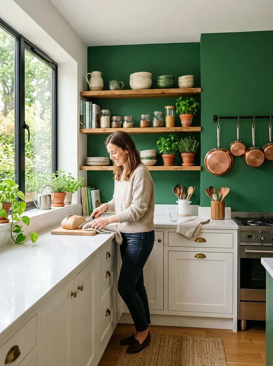 Image prompt: A real-life modern kitchen with a forest green accent wall behind open wood shelving, white cabinets and countertops neatly arranged, copper pots hanging beautifully arranged nearby, bright natural light streaming through a window, clean organized counter with green plants, candid lifestyle photography, vibrant deep green tones, shot in soft daylight.