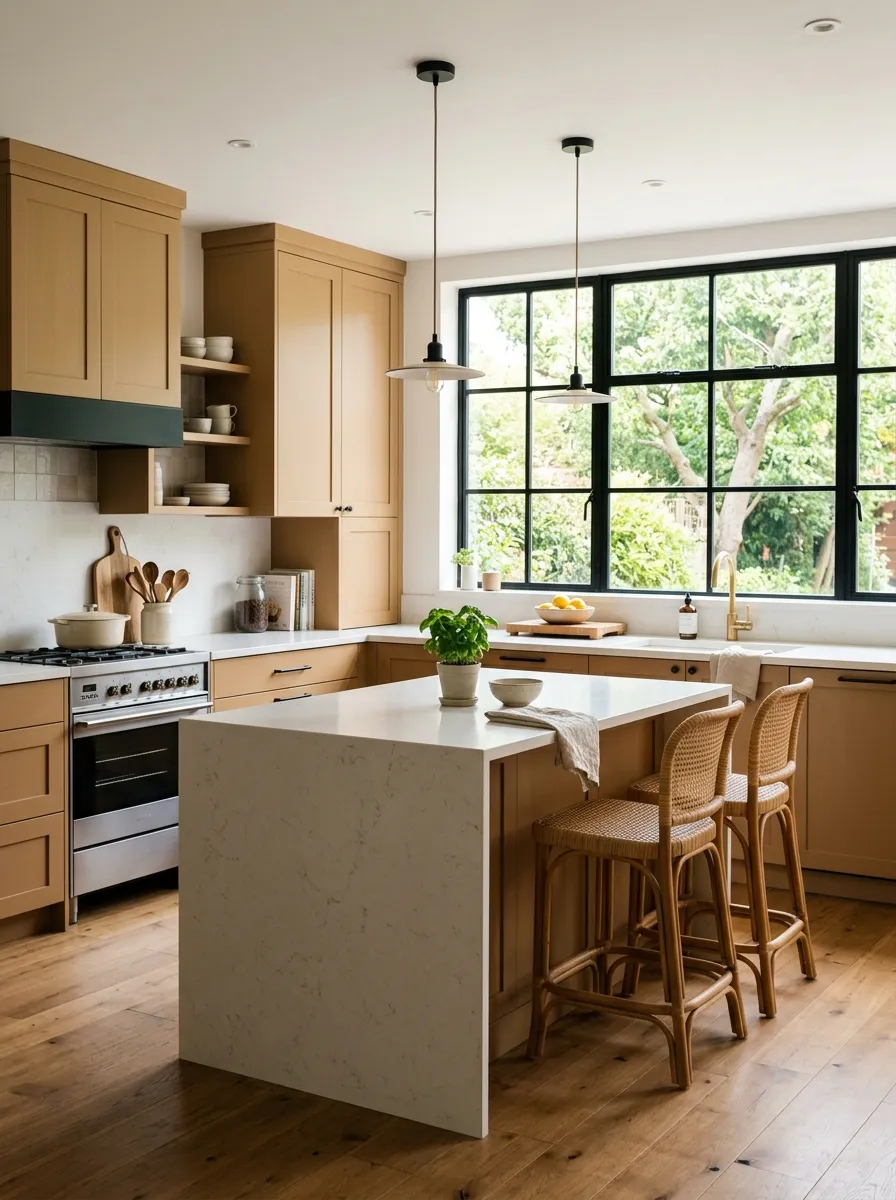 Image prompt: A real-life modern kitchen with warm camel tan cabinetry, black steel window frame, white stone countertop neatly arranged with kitchen tools, woven bar stools beautifully arranged at an island, bright natural light through large windows, clean organized space, candid lifestyle photography, vibrant warm neutral tones, shot in natural daylight.