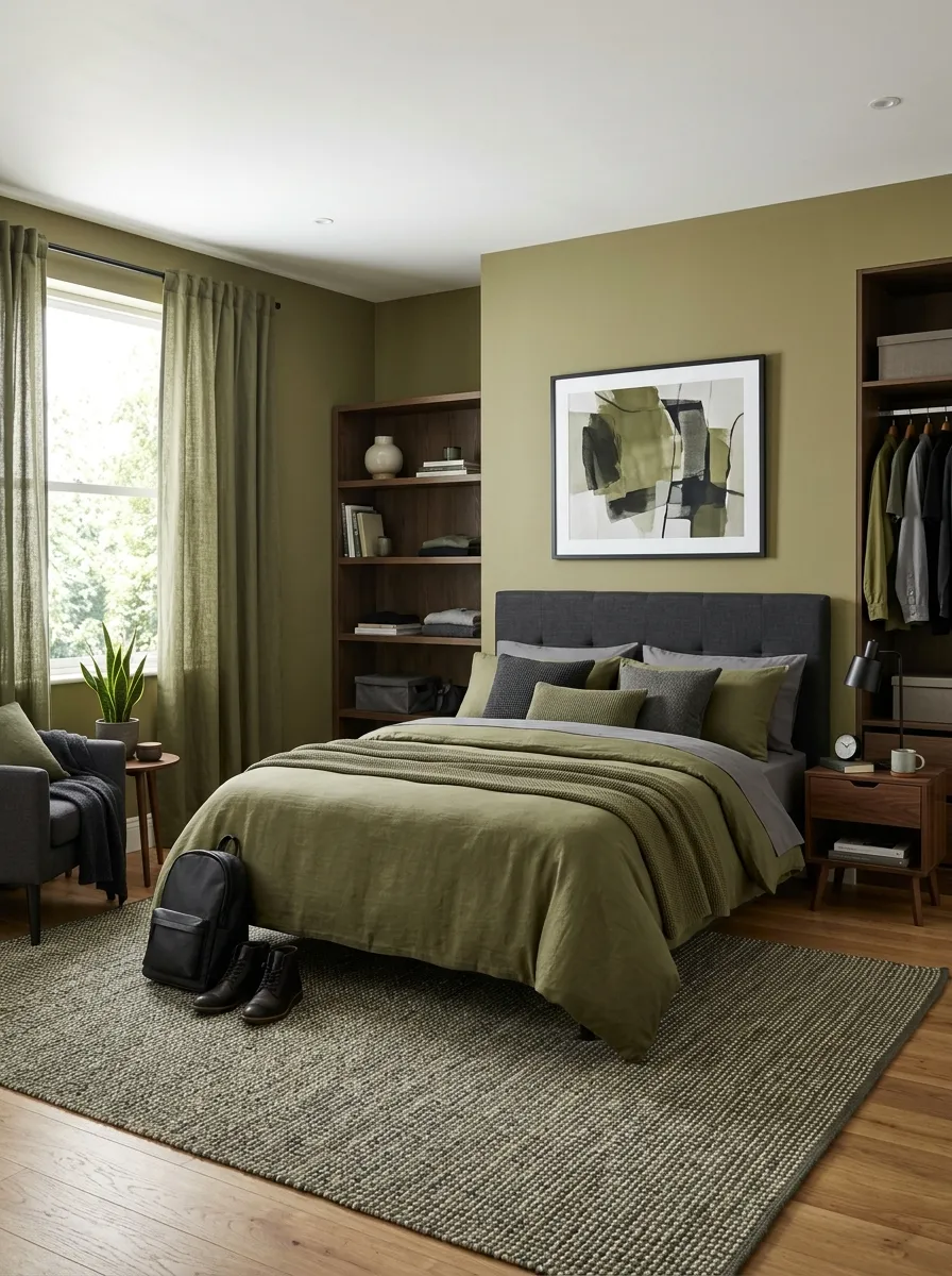Real-life photo of a modern men's bedroom styled in a tonal olive and charcoal color palette, matching bedding, curtains, and rug, neatly made bed, beautifully arranged, clean, organized, bright natural light, vibrant tonal colors, photorealistic stock photography, Pinterest color palette inspiration.
