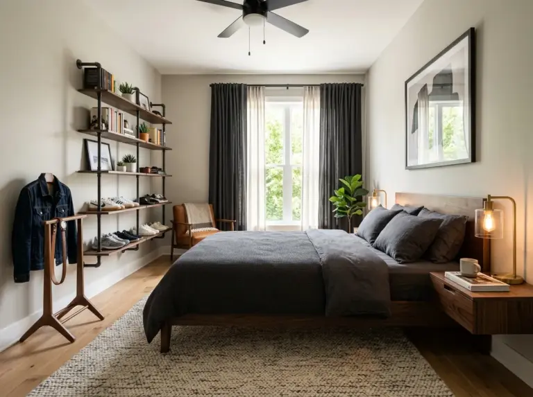 Real-life photo of a complete modern men's bedroom setup, low platform bed with dark walnut frame neatly made with charcoal bedding, floating nightstand with lamp, industrial pipe shelving displaying sneakers and books on the wall, a wooden valet stand in the corner, layered blackout curtains slightly open, beautifully arranged, clean, organized, bright natural light flooding the room, vibrant warm color palette, shot like a professional real estate or interior design photograph, photorealistic, Pinterest-ready aesthetic.