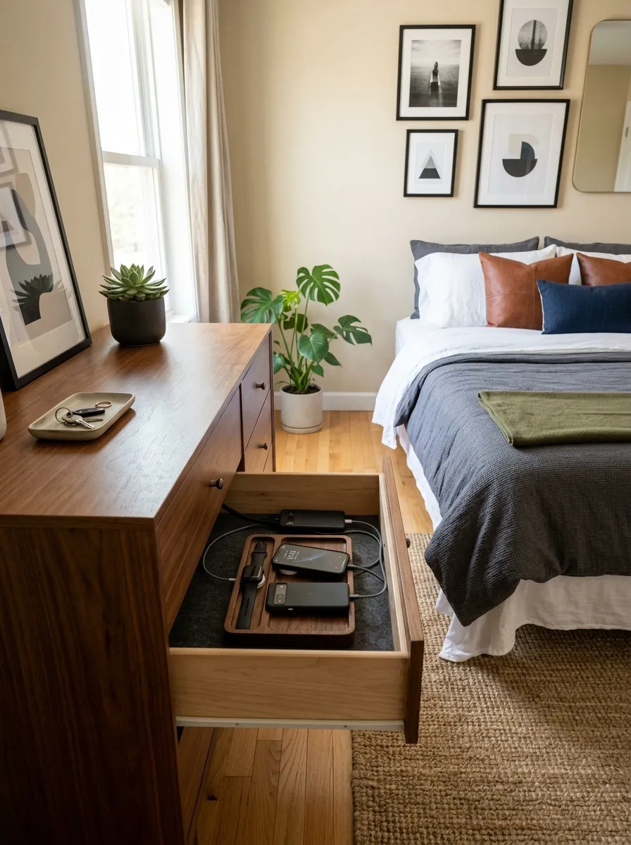 Real-life photo of a modern men's bedroom, wooden dresser with one drawer open showing phones and a watch charging neatly inside on a small tray, clear dresser top, neatly made bed nearby, beautifully arranged, clean, organized, bright natural light, vibrant warm tones, photorealistic stock photography, Pinterest-ready interior.