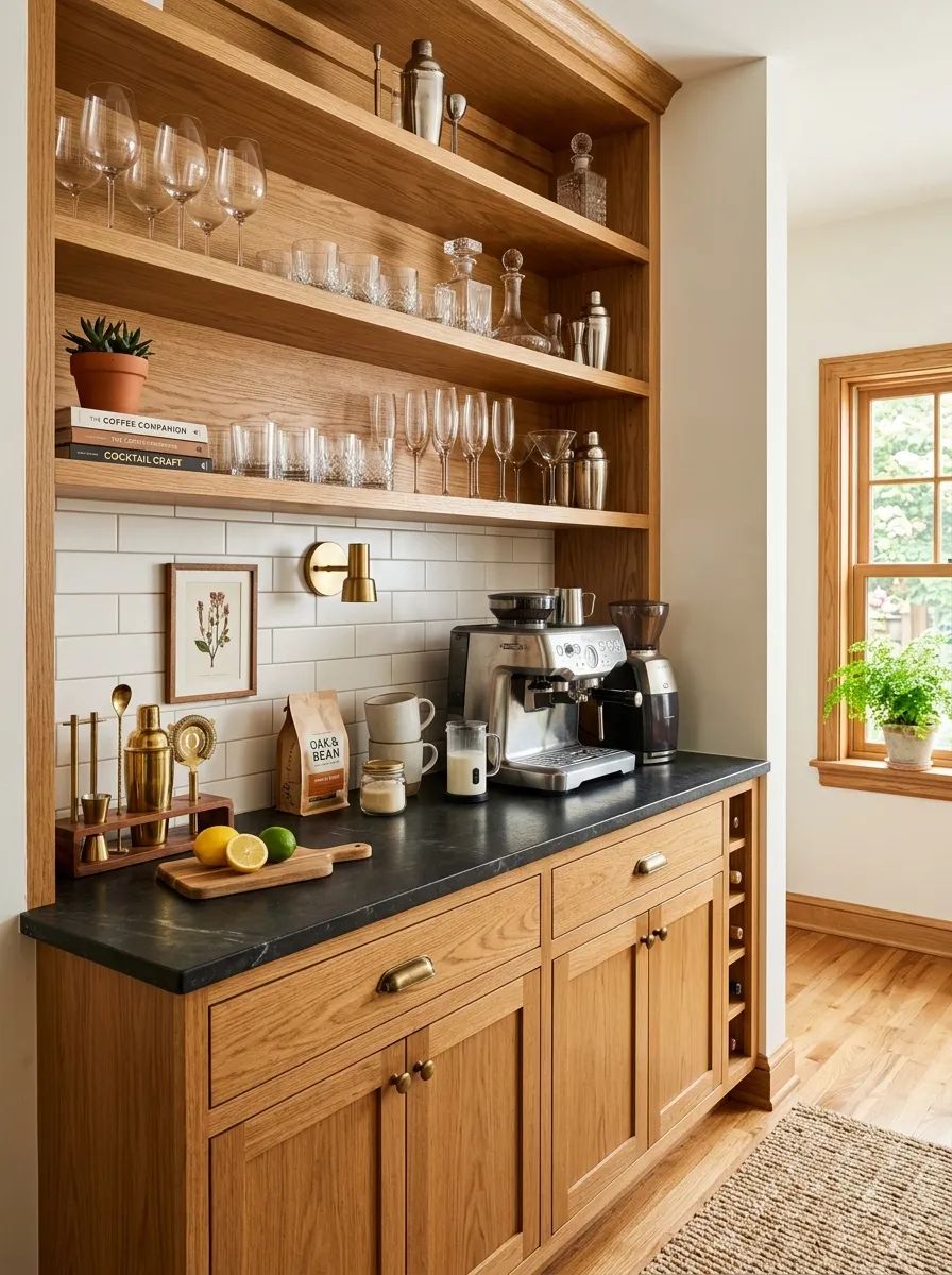 A real-life kitchen corner with a built-in oak cabinet bar nook, neatly arranged glassware on open shelves, beautifully organized coffee or bar essentials on the counter, clean tile backsplash behind, bright natural light, vibrant warm styling, stock-photo style, no people.