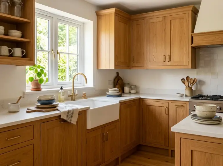 A real-life kitchen interior with natural oak cabinets throughout, neatly made countertops, beautifully arranged ceramic dishes and a small potted plant, organized and clean overall styling, bright natural light coming through a window, vibrant warm wood tones, photographed in stock-photo style, no people.